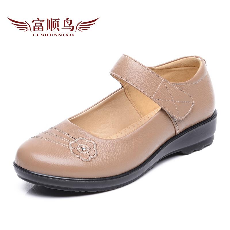 正品春季33小号妈妈鞋老人方口平底鞋拉带软皮鞋4鞋1大码中老年女