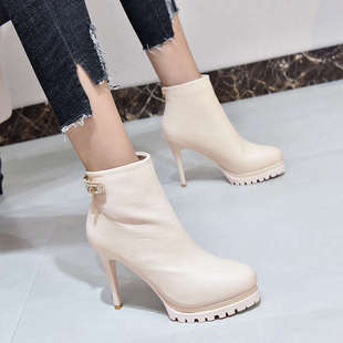 10厘米细跟超高跟鞋防水台短靴女2024秋冬季新款水钻搭扣马丁靴子