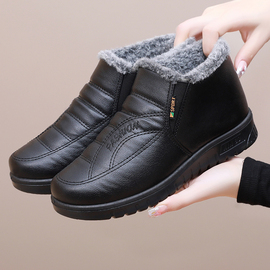 冬季老北京棉鞋女加绒，防水皮面中老年短靴，厚底防滑保暖妈妈鞋