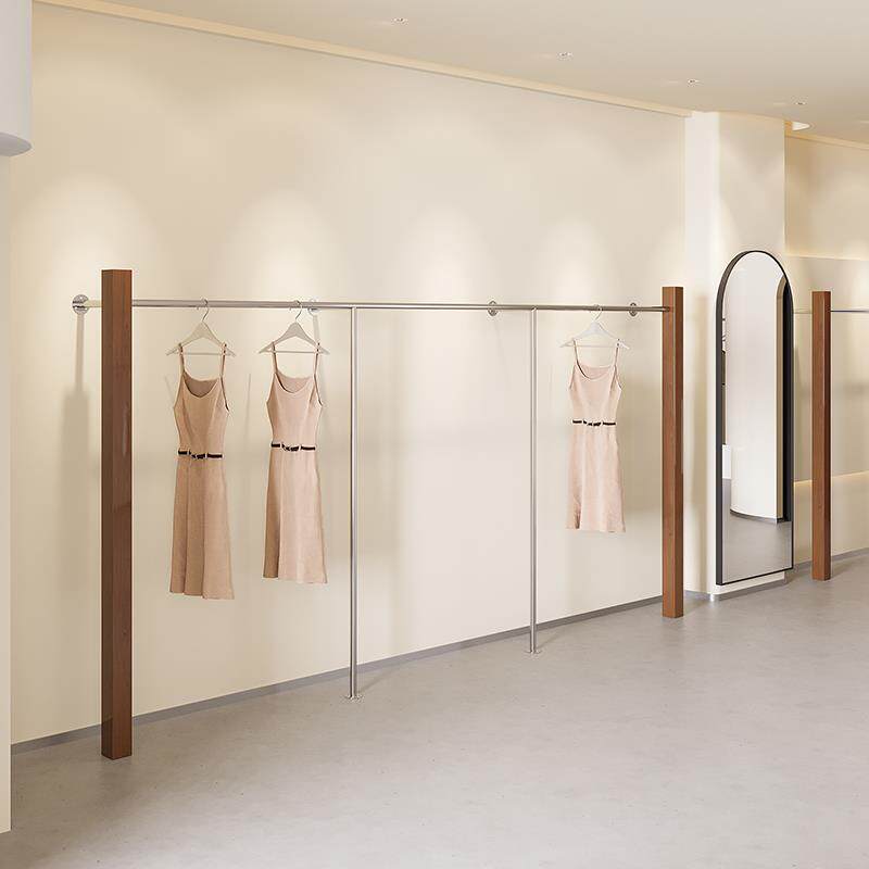 新款服装店挂衣架上墙不锈钢简约女装店货架展示架彷木纹衣服架子