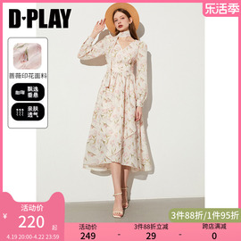 DPLAY春度假风杏色碎花V领泡泡长袖裙摆交叉前短后长高腰连衣裙