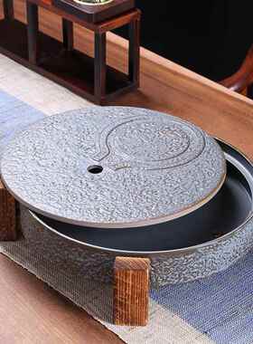 2U用F76J566S8K石磨茶盘简陶瓷干约泡茶小型圆形泡茶托盘复古茶海