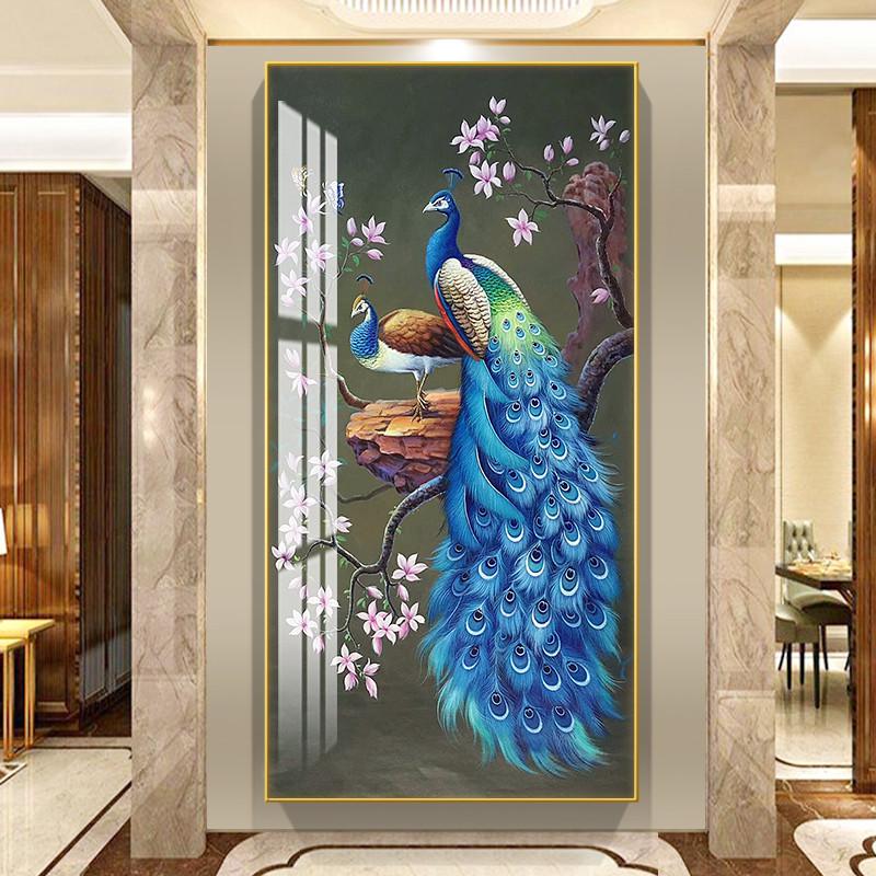 入户玄关装饰画新中式过道走廊尽头墙面壁画现代简约竖版孔雀挂画图片