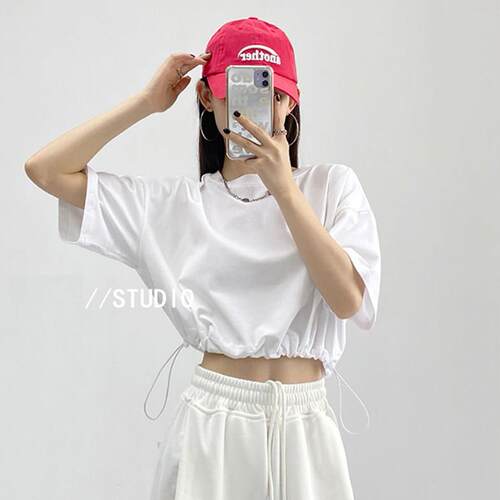 爵士跳舞jazz上衣服甜辣妹y2k短款抽绳收腰短袖T恤女团打歌服kpop
