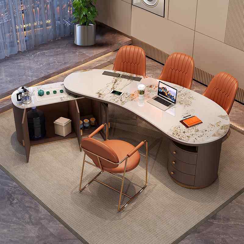 42I1.8//.22/2PTQ.4米轻奢岩板茶桌桌书电脑桌弧形茶台办公泡茶一