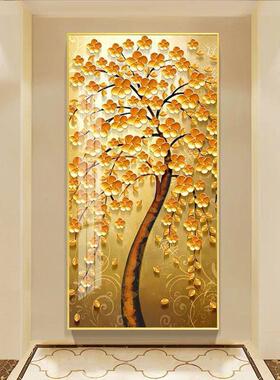 发财树入户玄关装饰画竖版过道客厅挂画走廊背景墙壁画晶瓷画