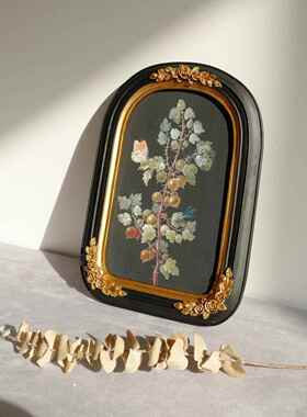 中古小众典式复古怀旧桌面摆件装饰古画式植物花卉拱形框法B333美