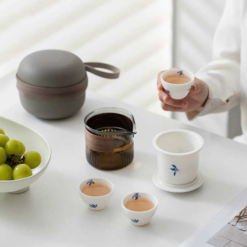 旅行茶具套装手绘快客杯户外陶瓷一壶三杯玻璃便携式旅行功夫茶具