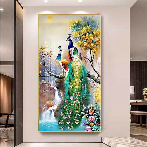 客厅入户门玄关装饰画过道走廊尽头壁画中式孔雀凤凰晶瓷镶钻挂画