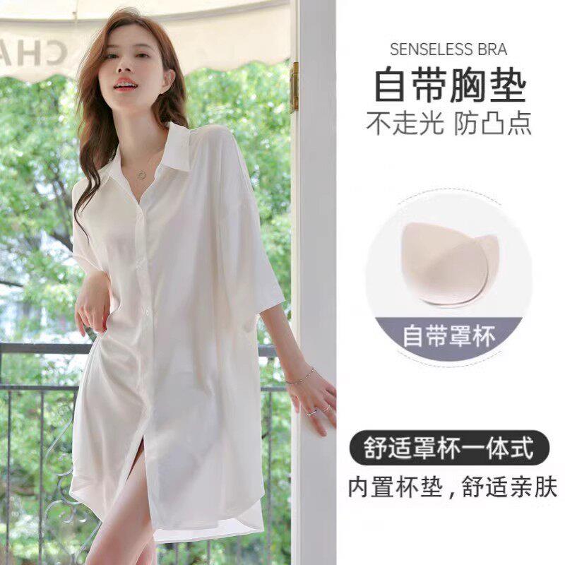 2025新款性感睡衣女夏季真丝短袖高级感带胸垫纯欲风白色衬衫睡裙