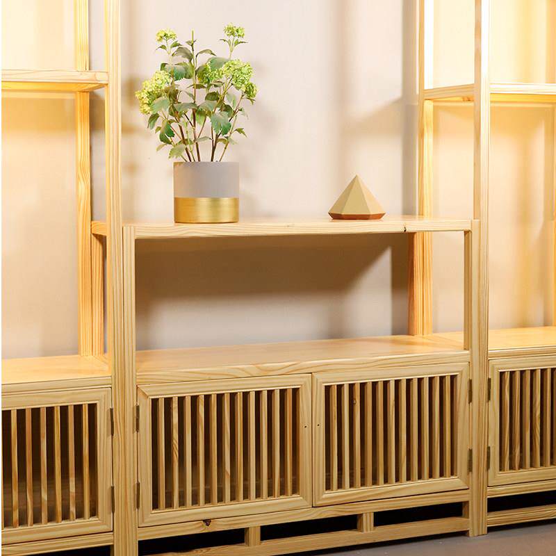 涵艺 新中式博古架展示柜客厅展示台实木两层矮柜带灯松木产品架