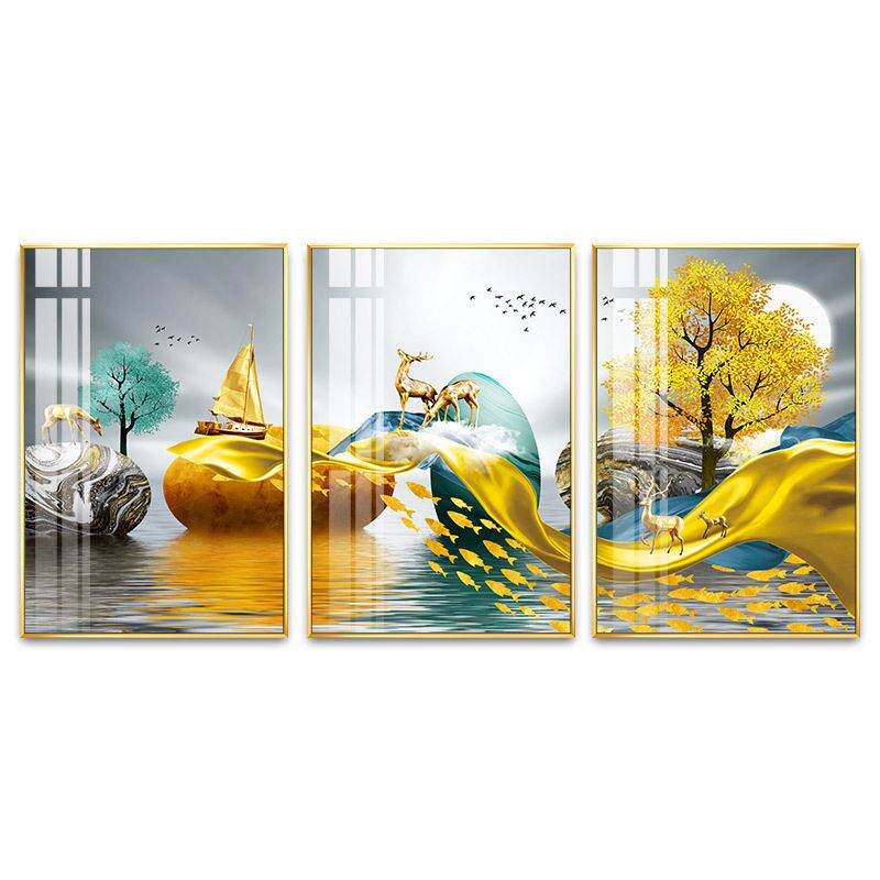 现轻奢福禄端客厅装饰画壁画沙发背景墙喷绘油画布三联画