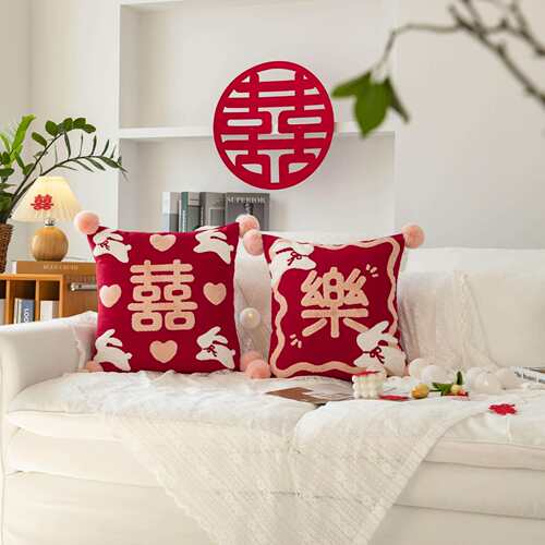 结婚新中式国风红色玉兔喜庆抱枕新婚婚房客厅沙发床头喜乐靠枕套