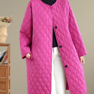 香港大码冬装轻薄中长款棉服外套女时尚休闲夹棉保暖圆领开衫棉衣