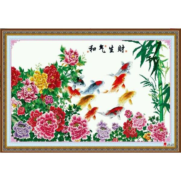 客厅装饰画大幅喜庆年画九鱼图年年有余背景墙鱼缸背景防水包邮