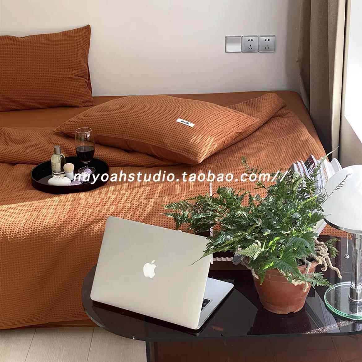 高档in色s纯复古百搭华夫格洗简约北欧美上式纯棉水棉四件套床用