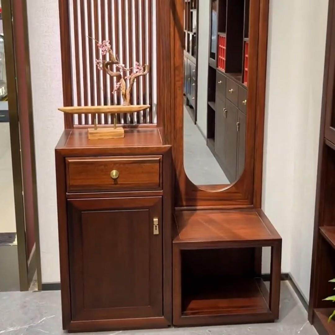 新中式卧室实木衣帽架衣服架家用落地镜收纳进门换鞋凳一体挂衣架