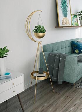 北欧轻奢金色铁艺花架家居客厅花盆吊篮架家用店铺落地置物架摆件