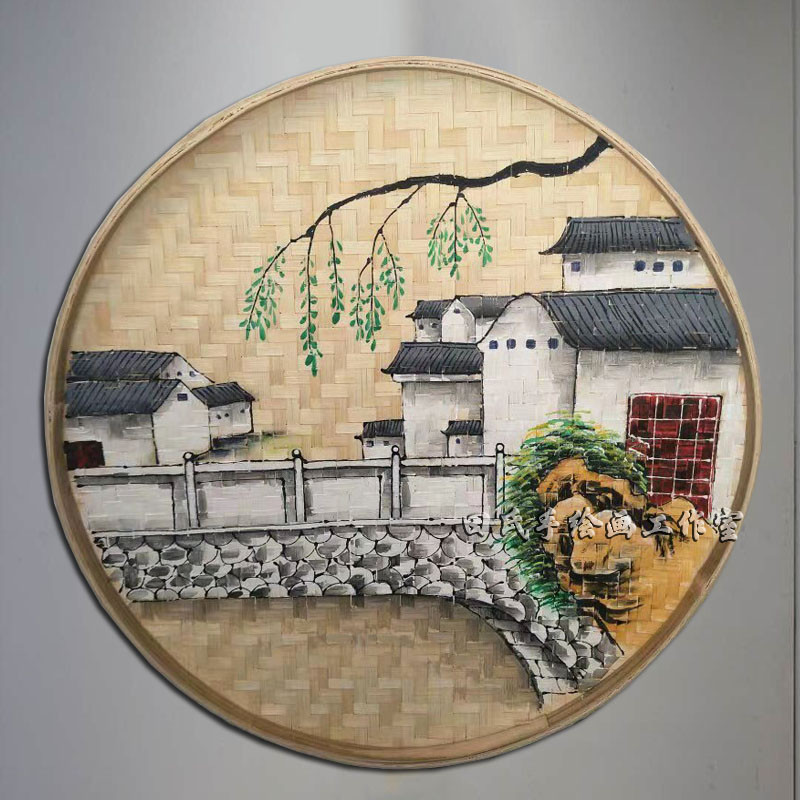 手绘竹筛簸箕画农家乐装饰竹编制品墙上墙壁挂饰墙面圆形挂件田园图片