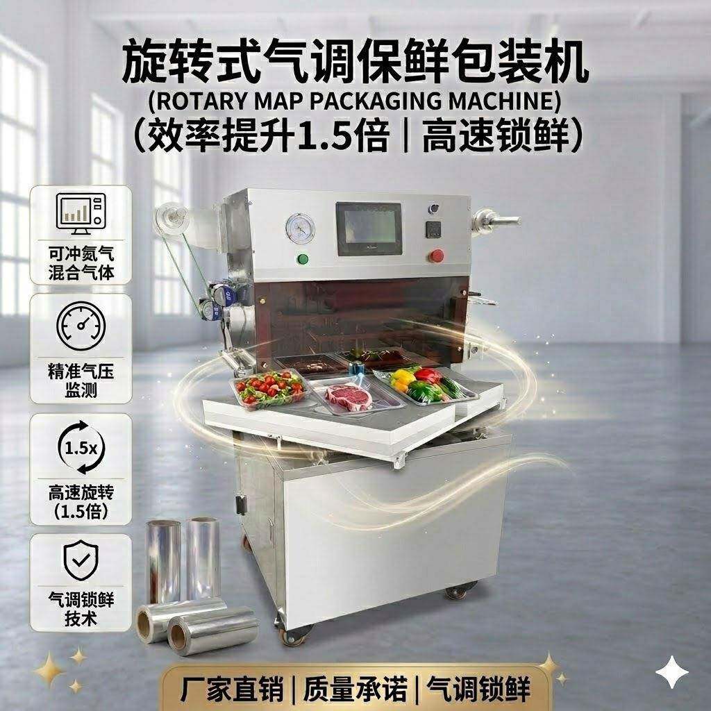 全自动转盘式蔬果气调包装机盒装熟食真空封口机鲜肉保鲜包装机
