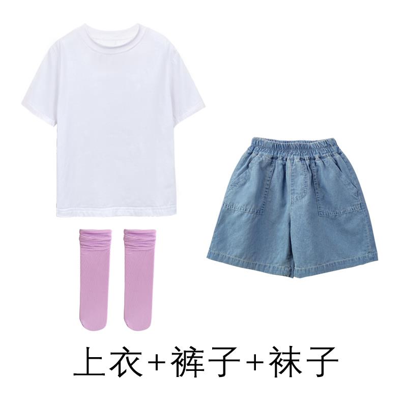 高档六一演儿童节演表舞服幼儿园毕业照蹈合唱服小学生牛仔短裤出