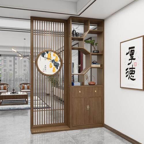 新中式屏风隔断客厅实木格栅博古架酒柜置物架玄关柜新中式设计