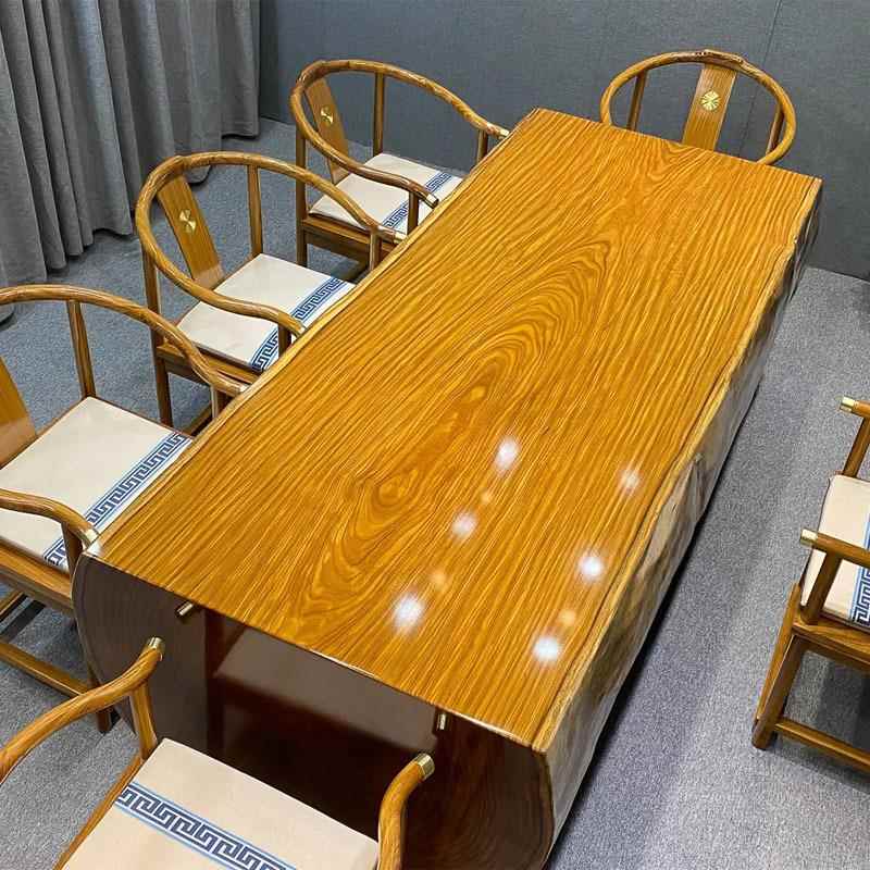 柚木大板原木整体桌奥坎巴花实木会议桌办公桌红花梨中式茶桌书桌