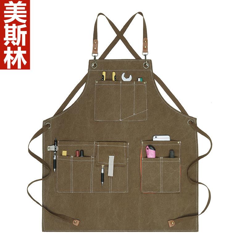 帆布外贸围裙印字logo 理发师烘焙咖啡厅园艺木工男女餐厅工作服
