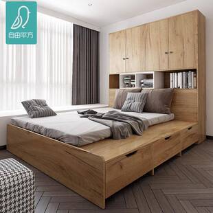 榻榻米床衣柜一体 简约书柜组合实木收纳床 小户型卧室多功能日式