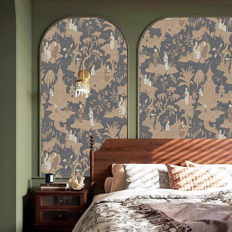 中古国风背景墙壁纸法式卧室覆古人物墙布壁画客餐厅无缝壁布墙纸