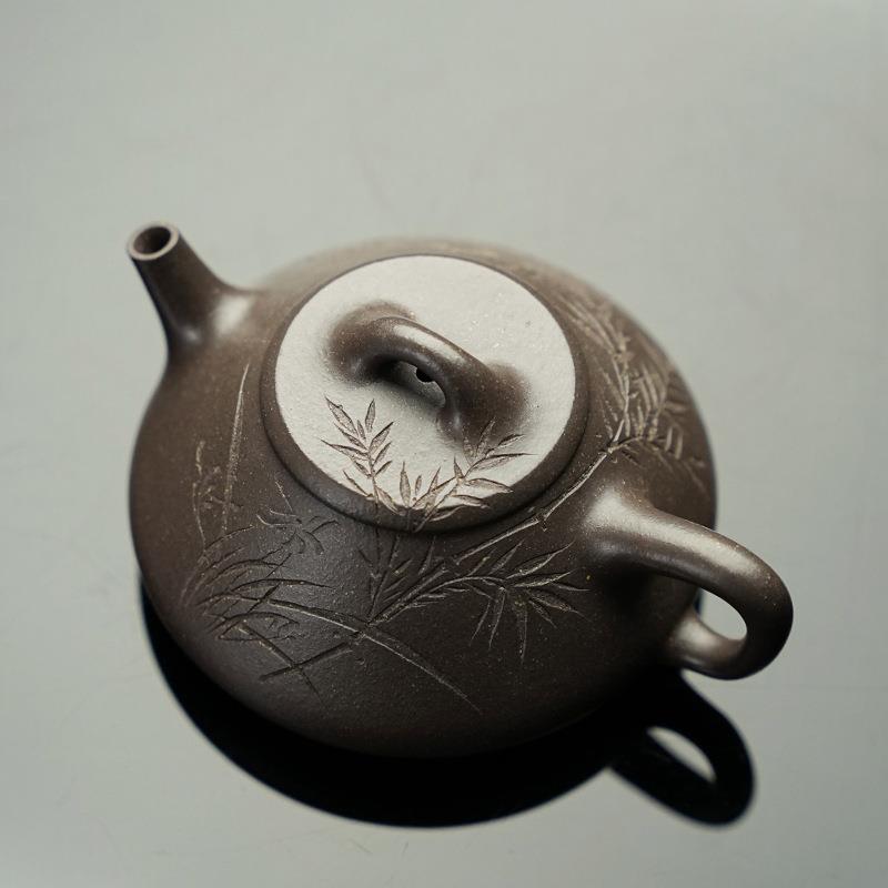 宜兴紫砂壶 刻竹叶石瓢原矿紫泥260毫升家用泡茶壶茶具