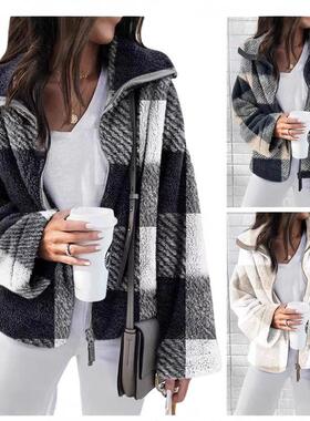 Double sided plush plaid jacket plus size women's clothing