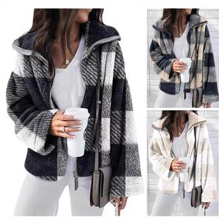Double sided plush plaid jacket plus size women's clothing