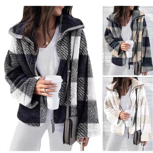 Double sided plush plaid jacket plus size women's clothing