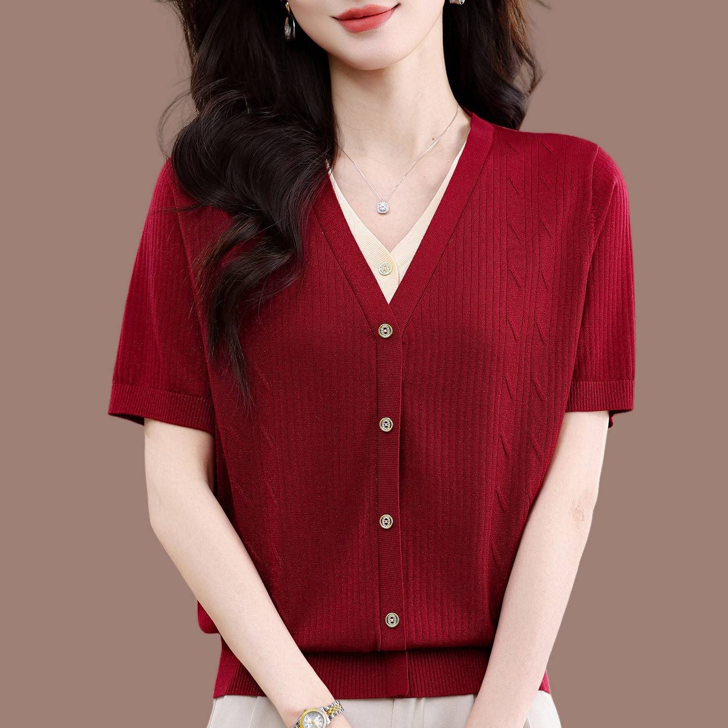 2026夏新款时尚桑蚕丝V领短袖T恤假两件针织衫女薄款宽松气质上衣