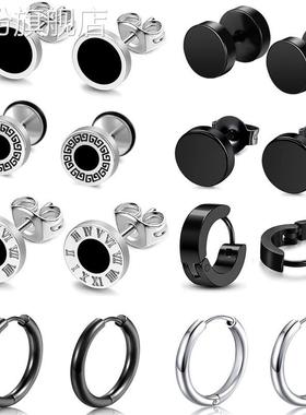 黑色不锈钢耳环套装亚马逊跨境热卖男士多件时尚耳钉耳扣