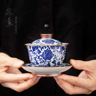 盖碗茶杯茶具青花瓷泡茶碗家用办公室用陶瓷功夫三才碗单个 新中式