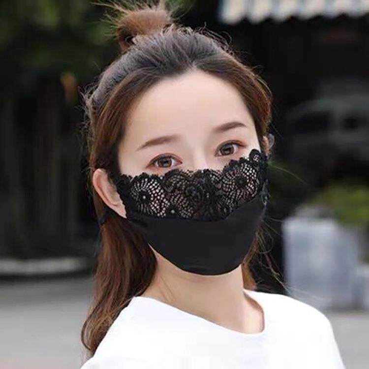 蕾丝防晒口罩女士冰丝防尘网红春夏季女薄款面罩黑色现货潮流韩版