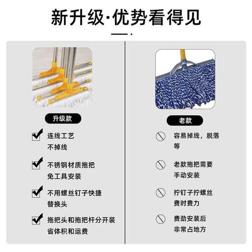 棉线拖把加宽不锈钢家用一拖净商用酒店物业专用吸水老式拖布墩布