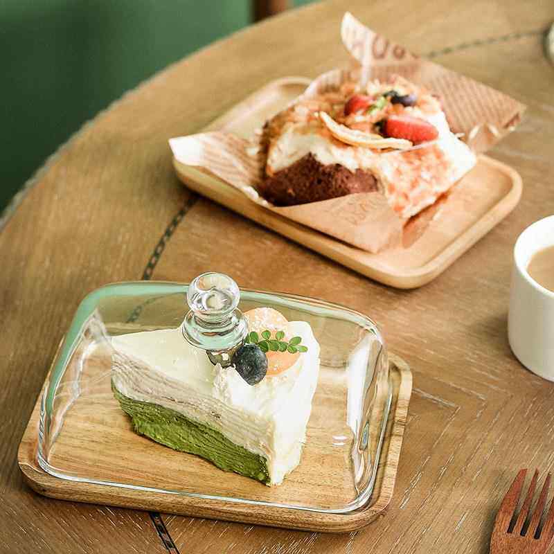木质方形蛋糕托盘茶点盘零食摆放盘甜品台摆件带玻璃罩点心西点盘