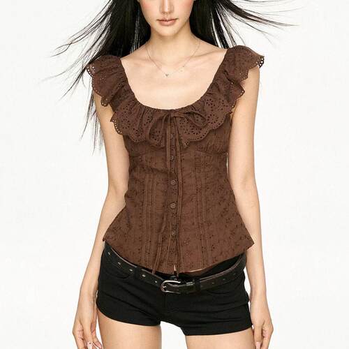 Waist cinched ruffle lace shirt vest top