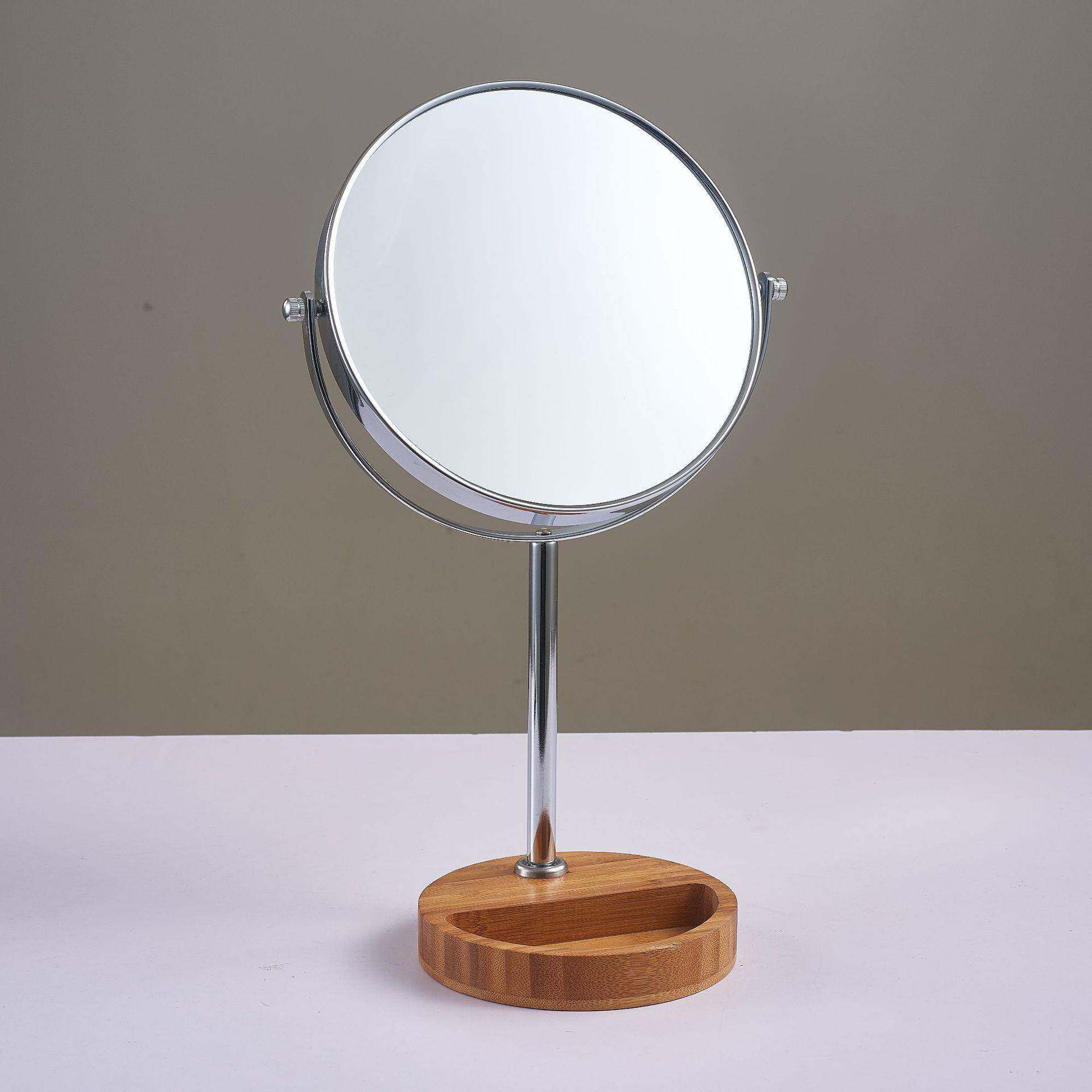 收纳木底座化妆镜台式桌面高清简约家用女士镜子高级感梳妆镜子