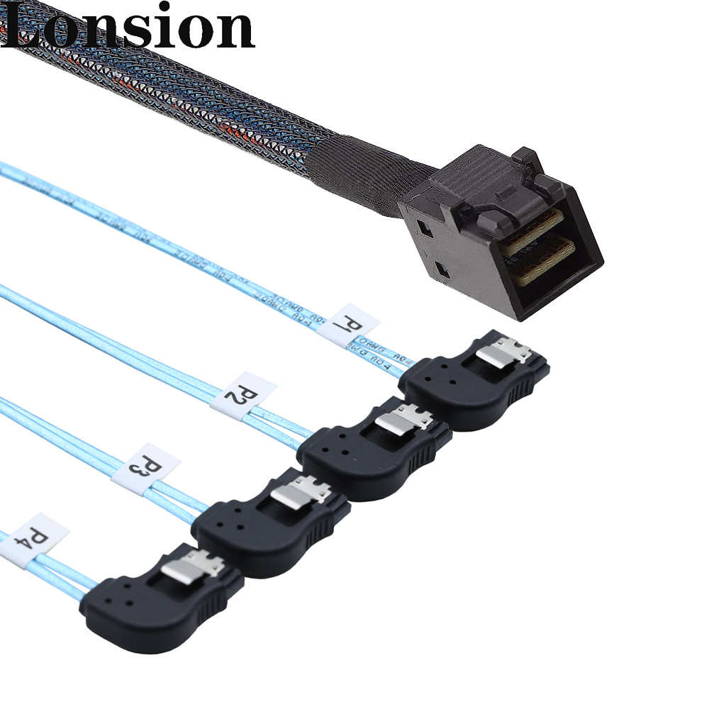 MINI SAS HD SFF-8643转4X SATA 左弯服务器机内高速连接线
