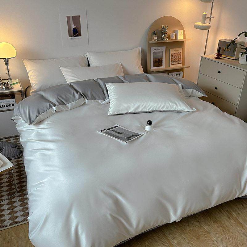 夏季轻奢水洗冰丝四件套真丝简约纯色被罩被套学生宿舍三件套床
