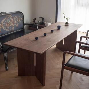 胡桃色长条全实木餐桌饭桌原木大板茶桌极简老板桌工作台创意书桌