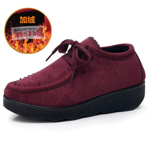 正品秋冬款带北京布黑鞋厚底豆豆女鞋加绒棉鞋松老糕底系中跟色工