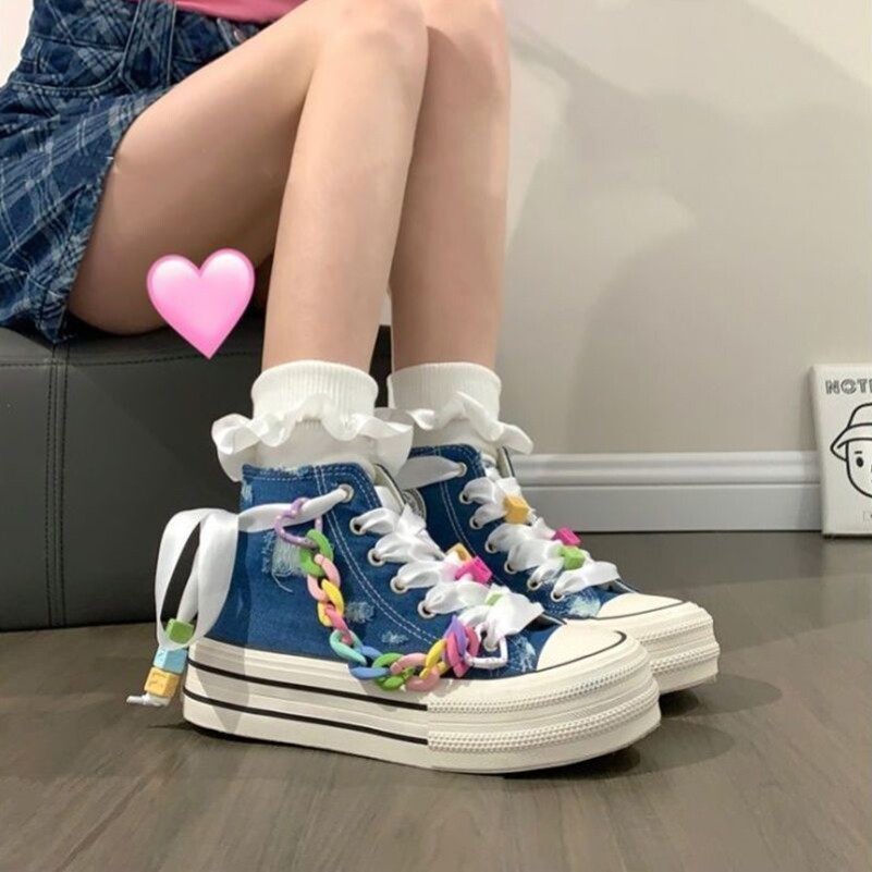 牛仔蓝高帮帆布鞋厚底增高2025夏天鞋子多巴胺配色休闲运动板鞋女