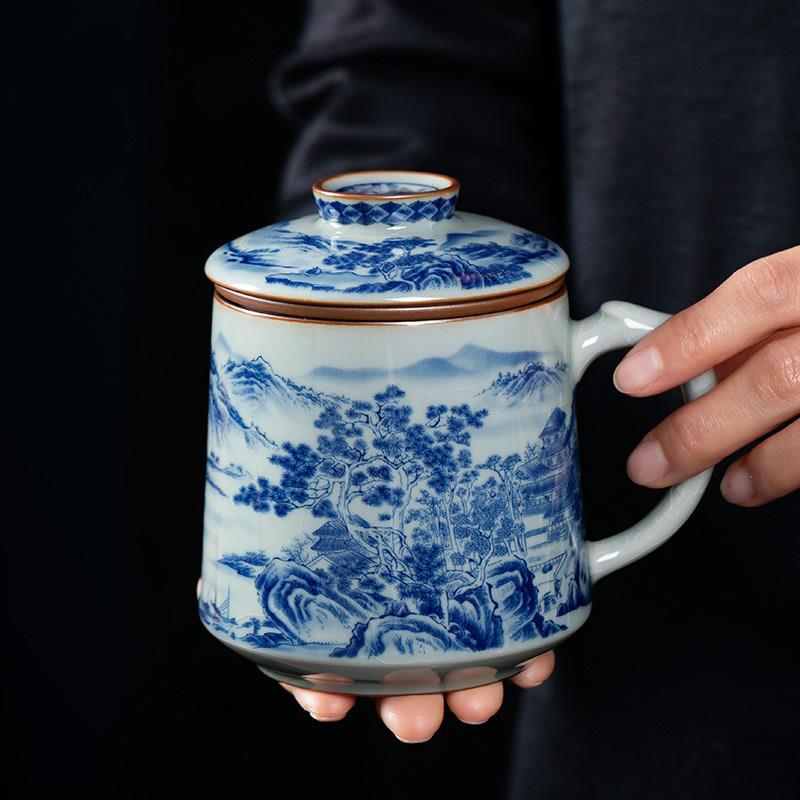 青花瓷茶杯千里江山图办公杯个人专用陶瓷过滤带盖茶水分离杯定制
