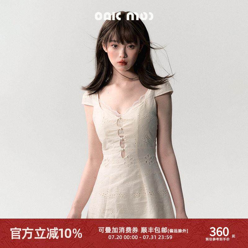 OAKMOO/ 悸动的时光 奶油白简约修身蕾丝拼接洋装女夏季肌理感