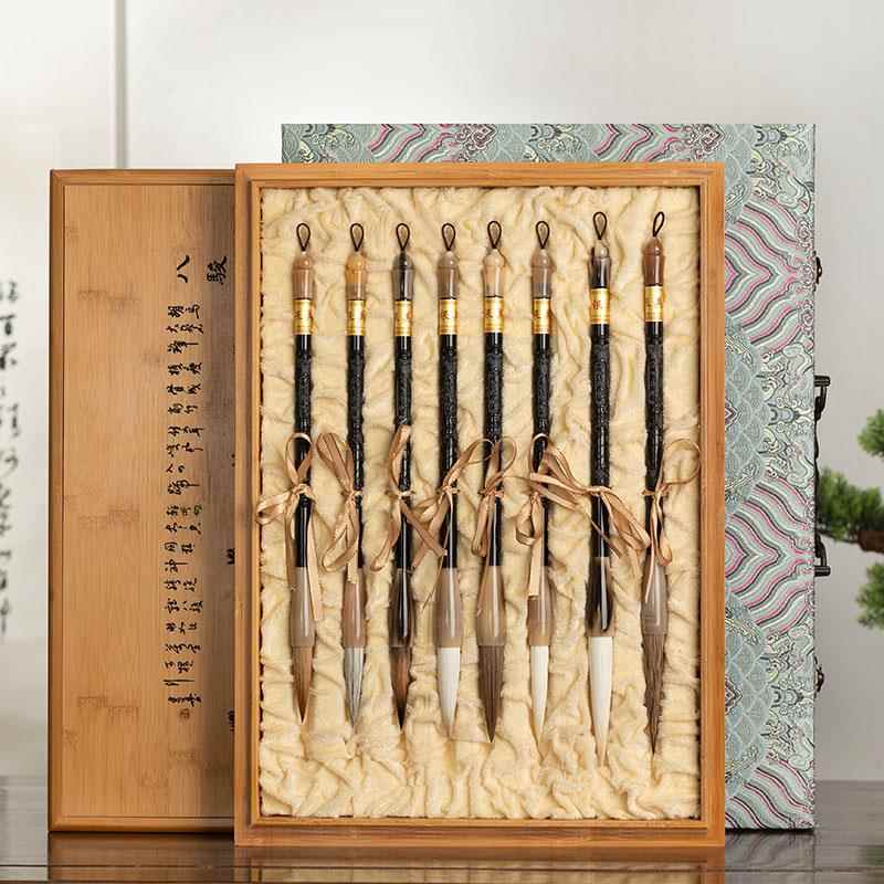 高档山莲湖笔，立功，毛笔套装礼盒，初学者用书法，狼毛软笔，国